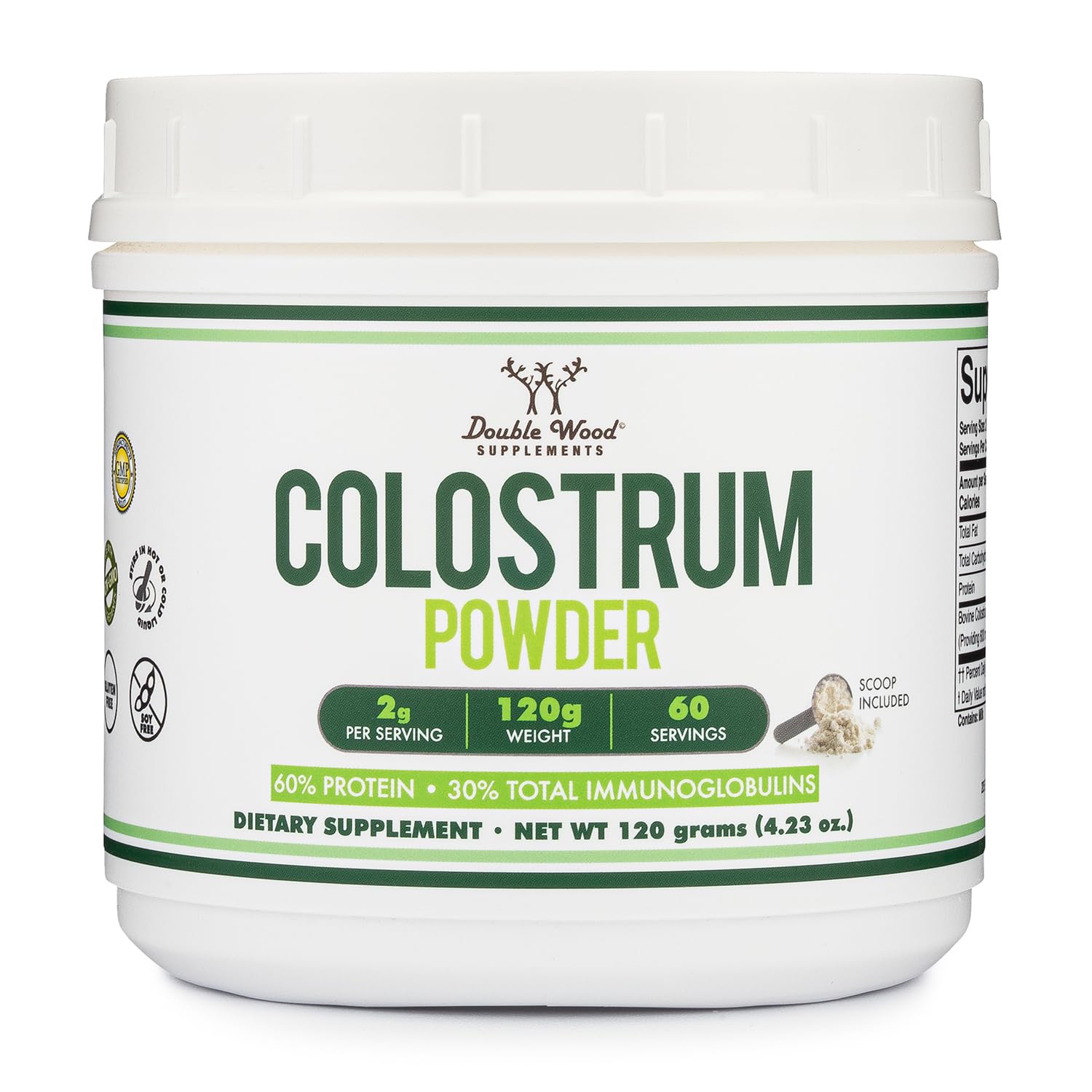 Front view of Double Wood Colostrum Powder bottle