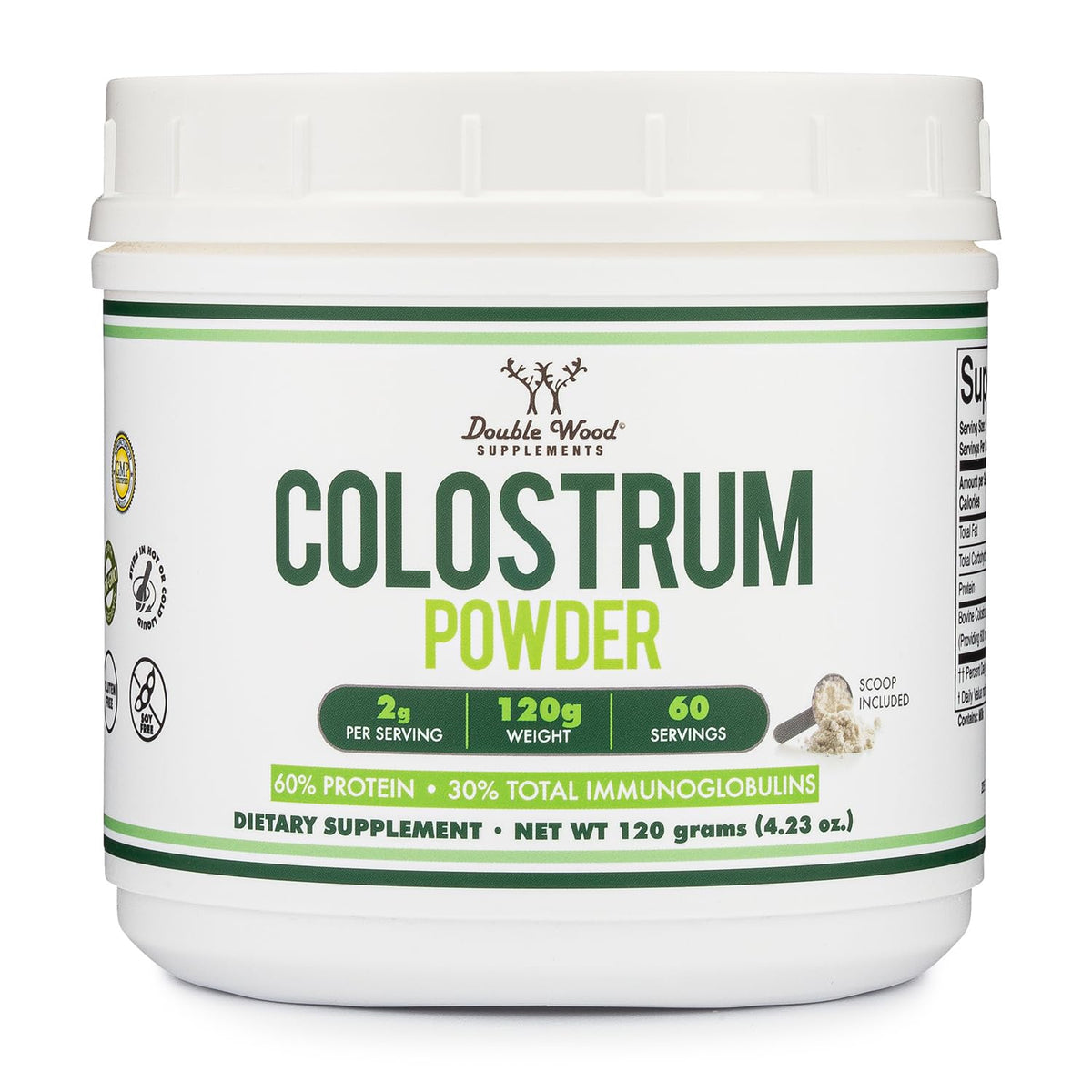 Front view of Double Wood Colostrum Powder bottle