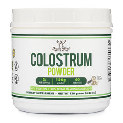 Front view of Double Wood Colostrum Powder bottle