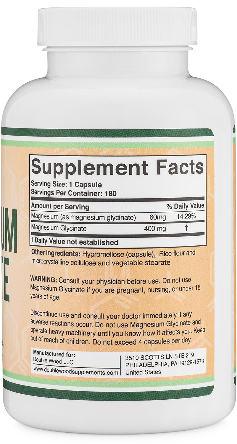Double Wood Magnesium Glycinate 400mg gluten-free and non-GMO attributes on the label