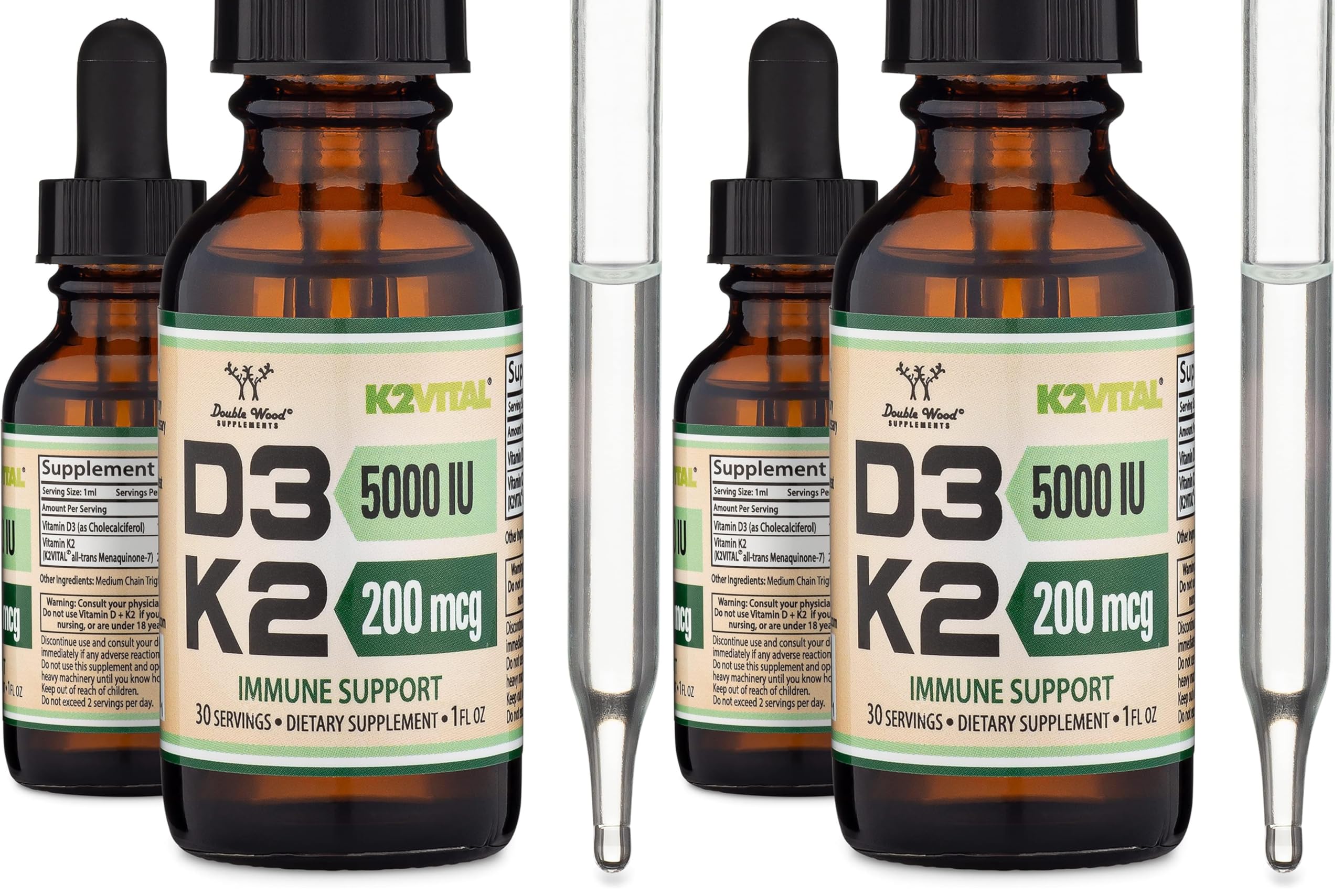Front view of Double Wood Vitamin D3 K2 liquid drops bottle in pack of 2