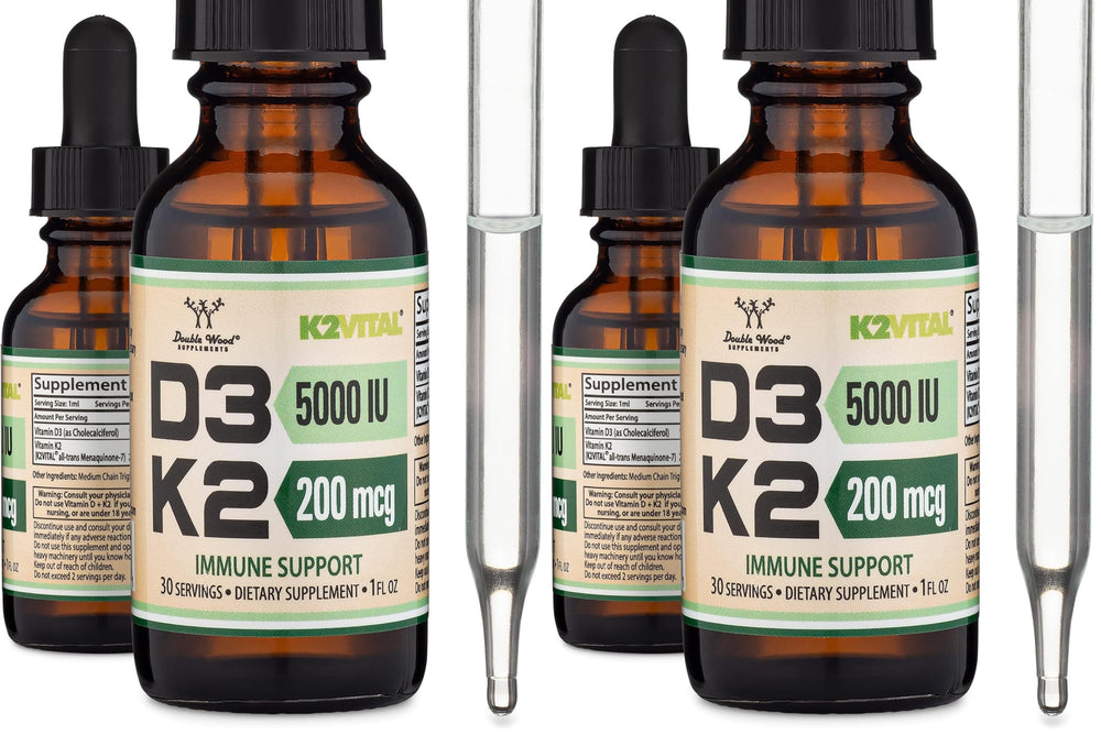 Front view of Double Wood Vitamin D3 K2 liquid drops bottle in pack of 2