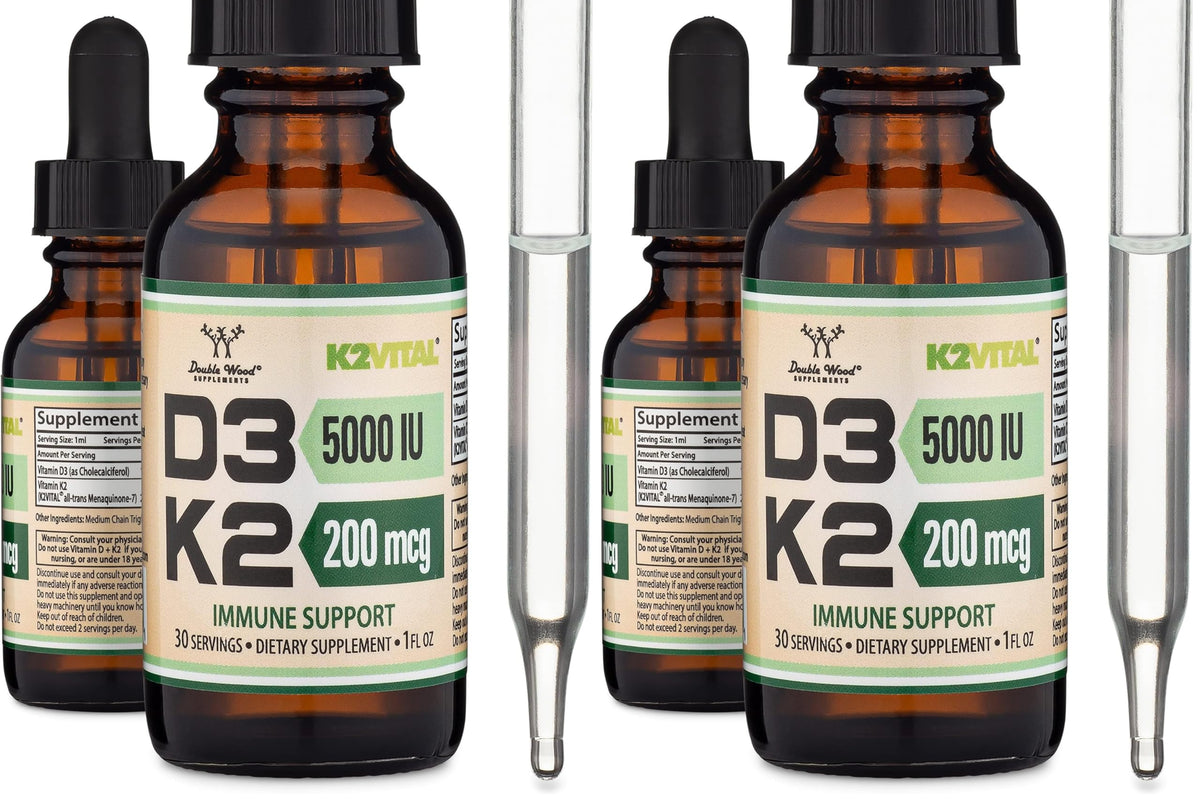 Front view of Double Wood Vitamin D3 K2 liquid drops bottle in pack of 2