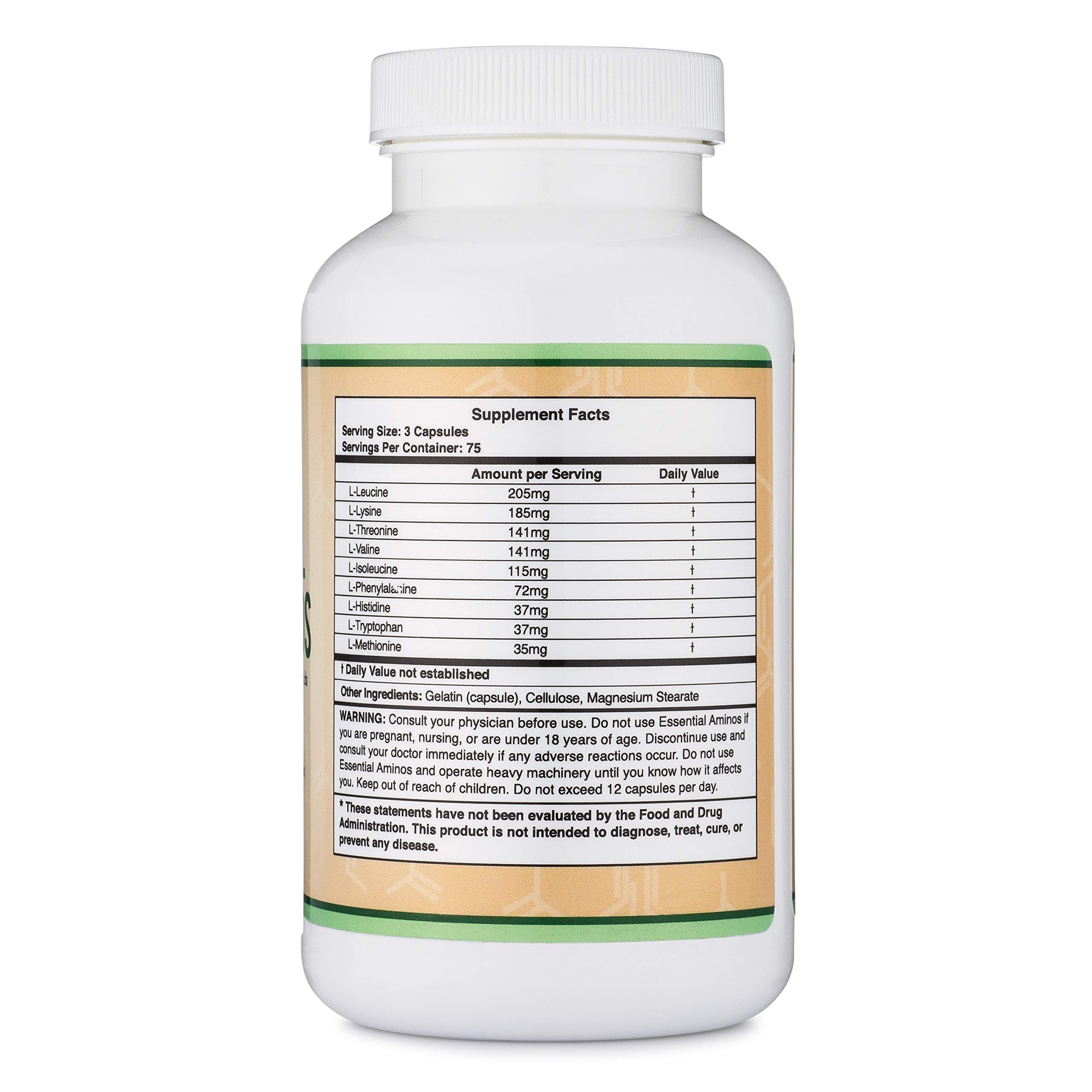 Double Wood Essential Amino Acids bottle label closeup emphasizes quality and ingredient transparency.