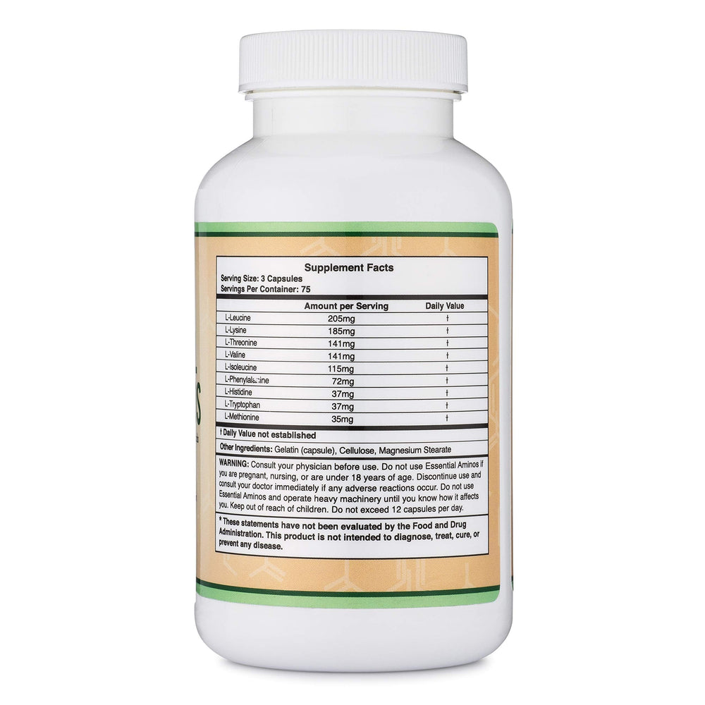 Double Wood Essential Amino Acids bottle label closeup emphasizes quality and ingredient transparency.