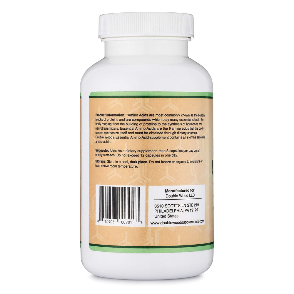 Double Wood EAA nutrition facts closeup signals gluten-free and clean formulation.