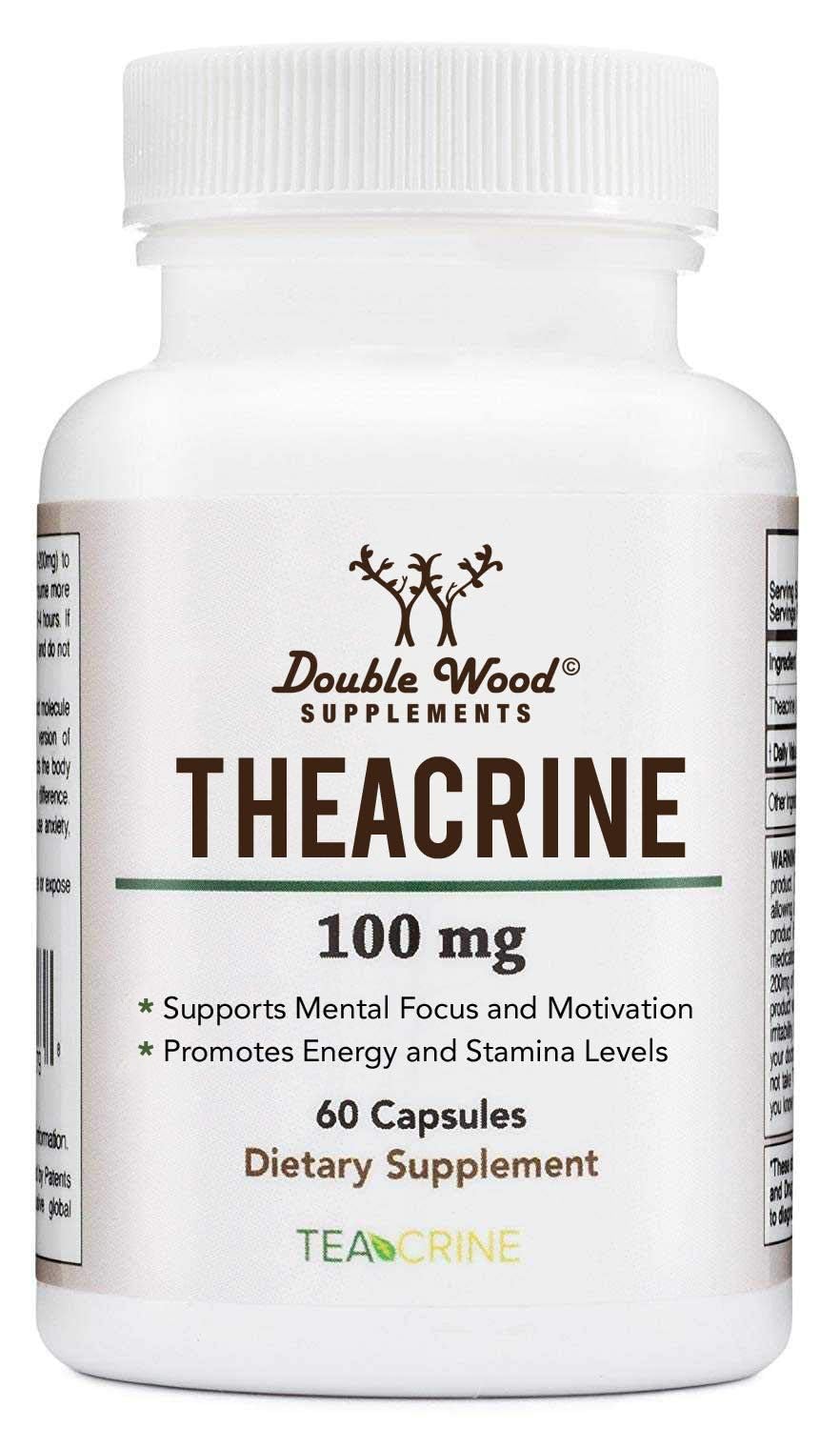 Double Wood Theacrine bottle-pour showing smooth energy support during workouts or focus moments
