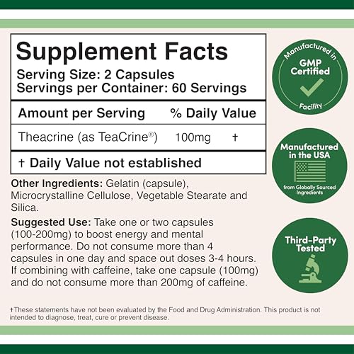 Double Wood Theacrine capsules-closeup highlights the precise 100 mg dose per pill for predictable energy