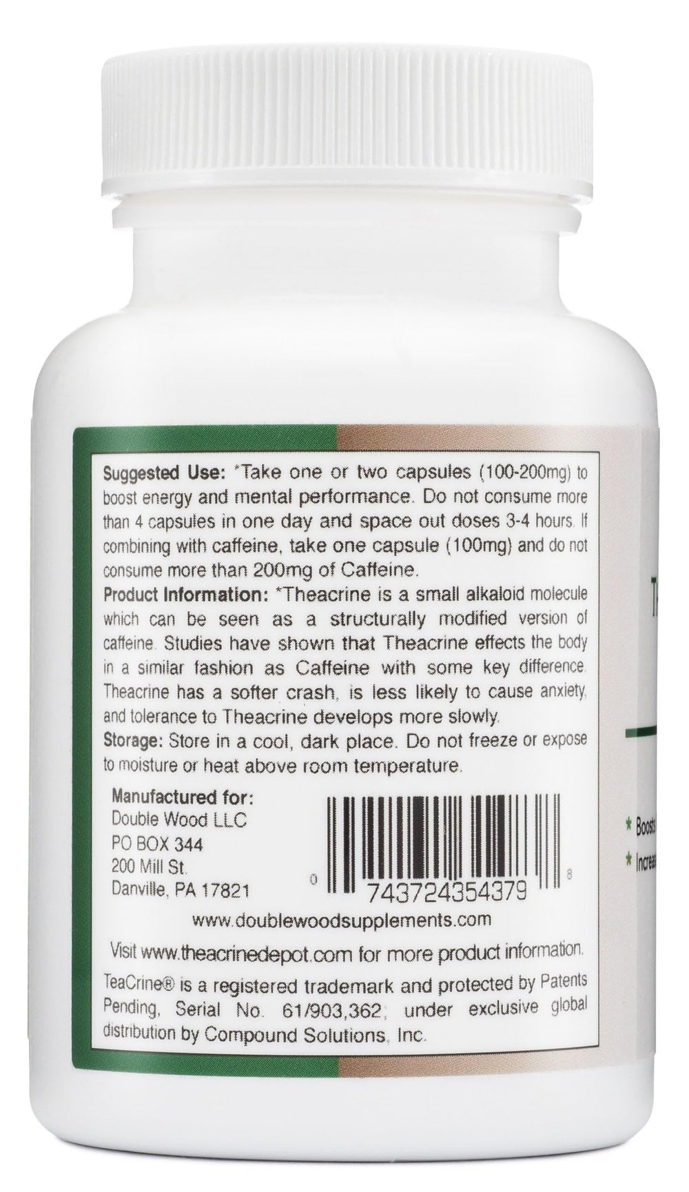 Double Wood Theacrine label-detail emphasizes USA-made statement and global ingredient sourcing for quality
