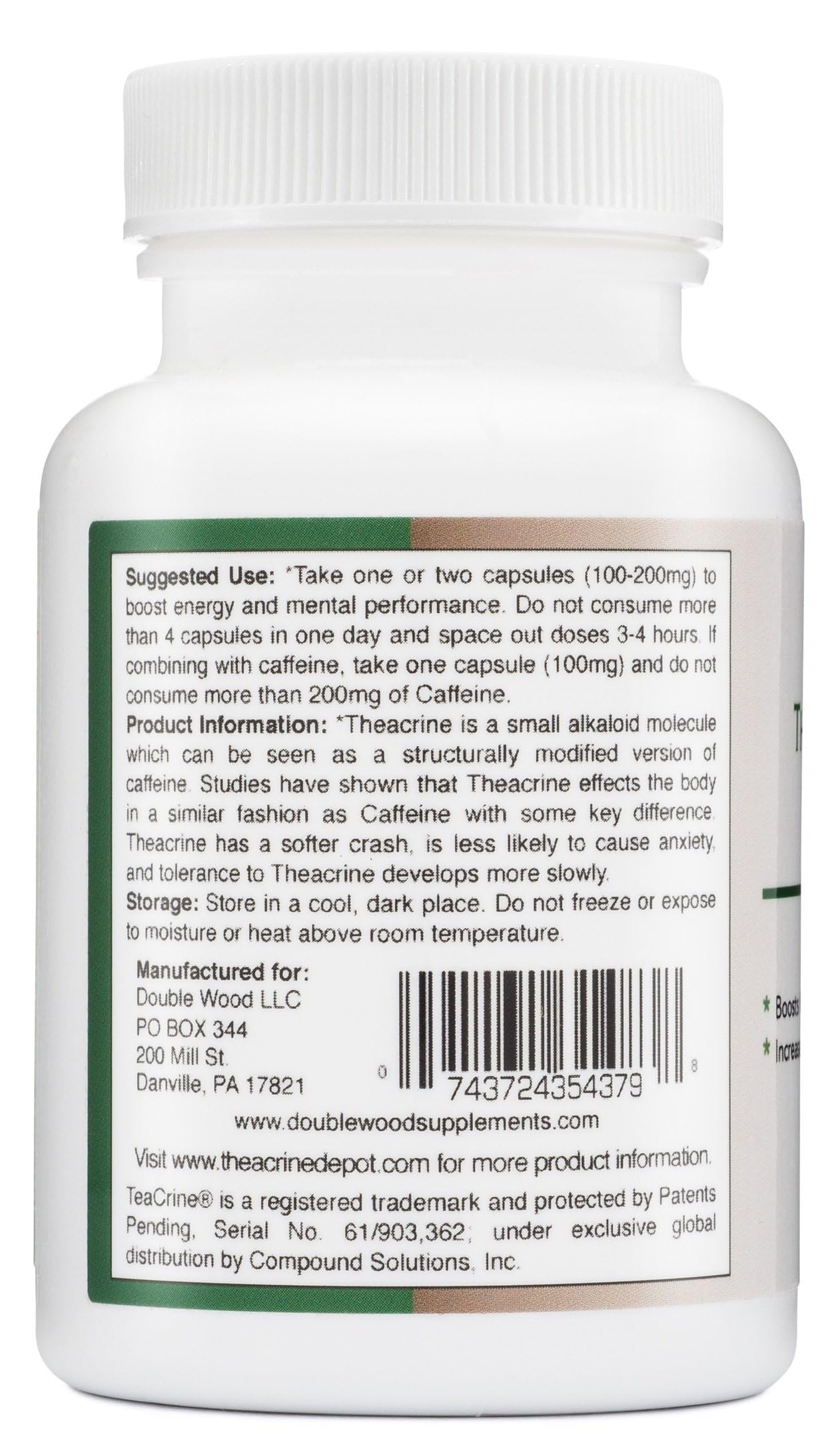 Double Wood Theacrine label-detail emphasizes USA-made statement and global ingredient sourcing for quality