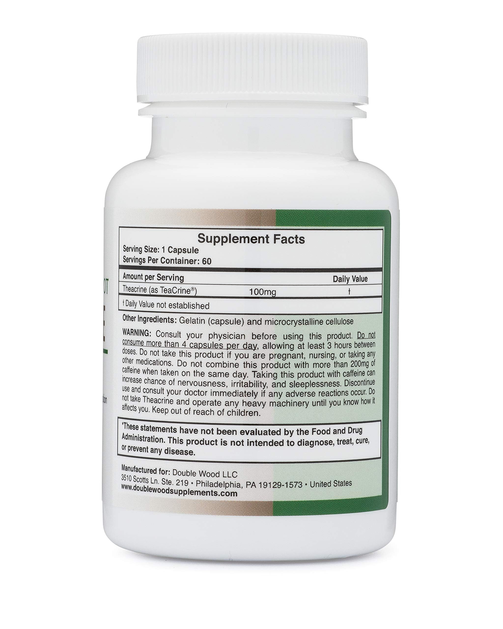 Double Wood Theacrine packaging-hero features non-GMO and gluten-free formulation on a clean label