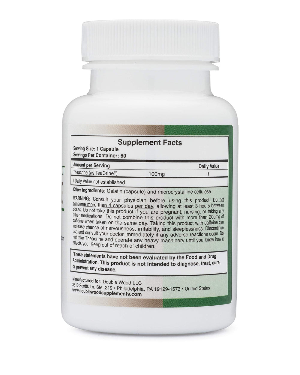 Double Wood Theacrine packaging-hero features non-GMO and gluten-free formulation on a clean label
