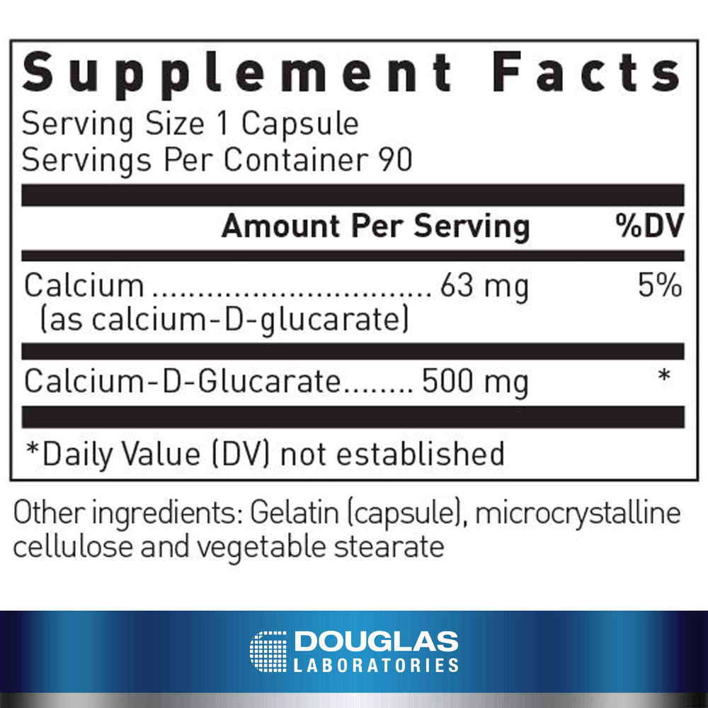 Douglas Laboratories Calcium-D-Glucarate label detail emphasizing ingredient transparency and quality standards.