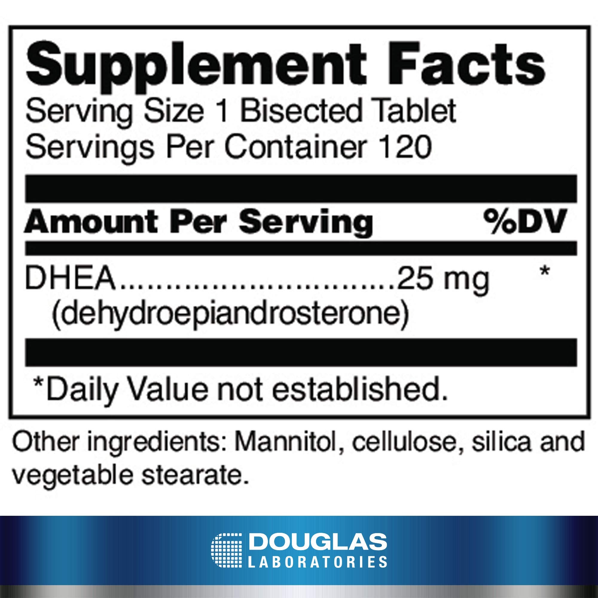 Front view of DHEA 25 mg dissolvable tablets bottle
