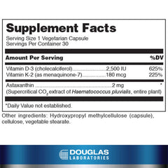 Back label with supplement facts for K2-D3 with Astaxanthin