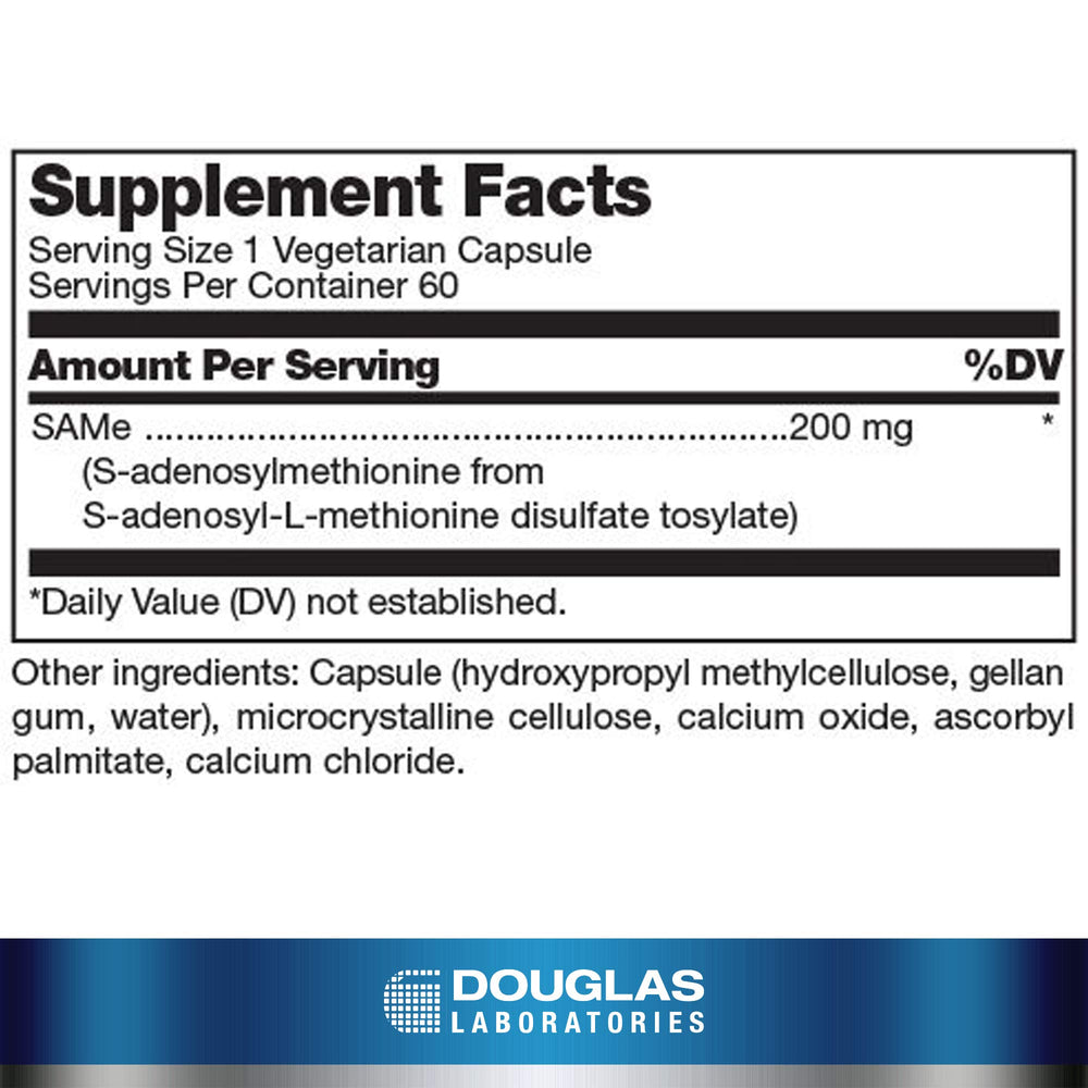 Front view of Douglas Laboratories SAM-e bottle label