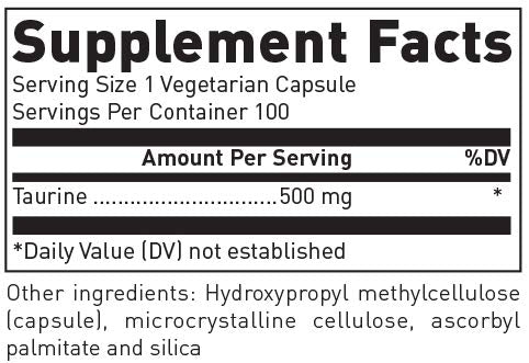 Close-up of Taurine 500 mg bottle label