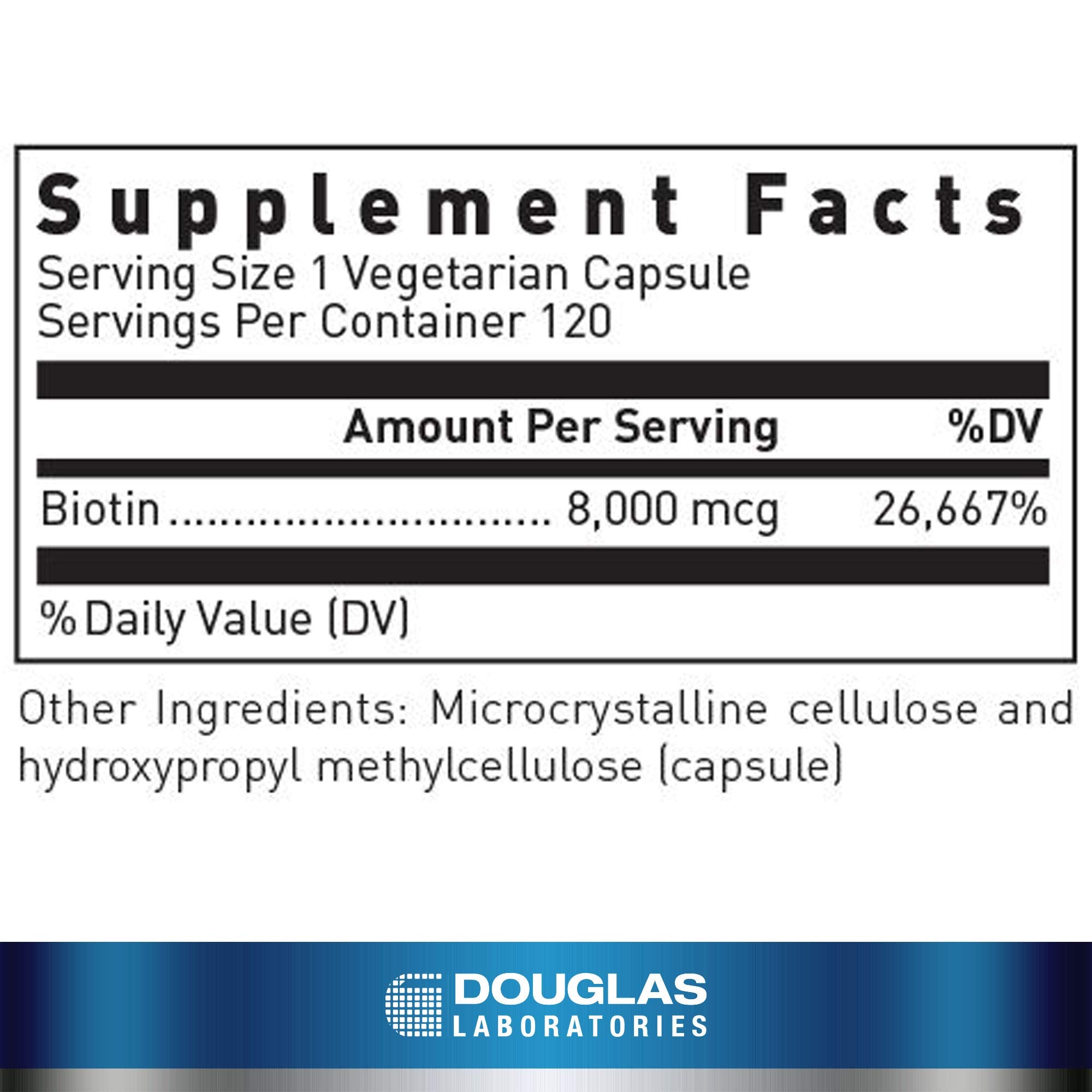 Biotin 8 mg bottle side view showing 120 capsules