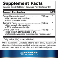 Product label of Douglas Laboratories Boswellia-Turmeric Complex 60 tablets