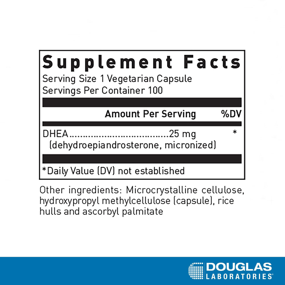 Close-up of DHEA 25 mg micronized capsules
