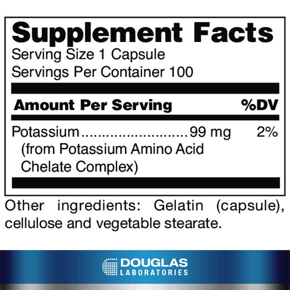 Potassium 99 mg Chelated bottle label close-up