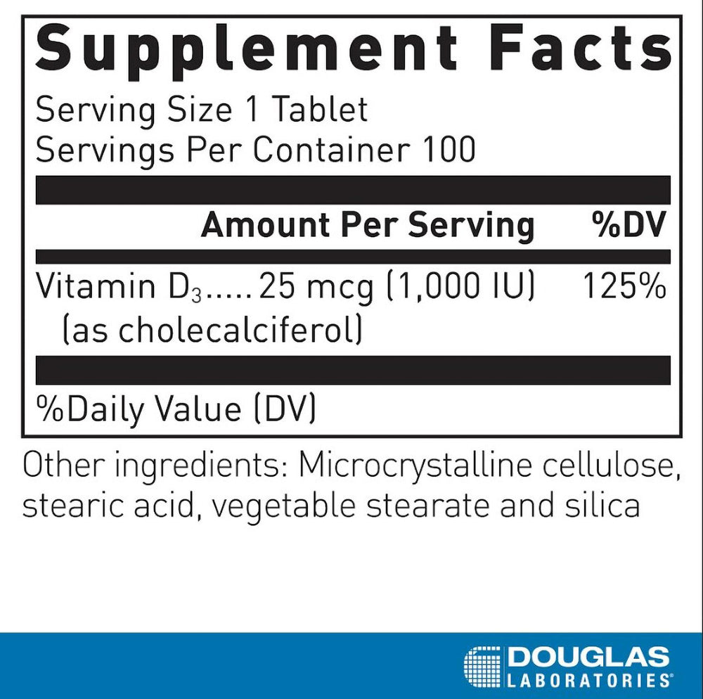 Douglas Laboratories Vitamin D3 1000 IU bottle back label