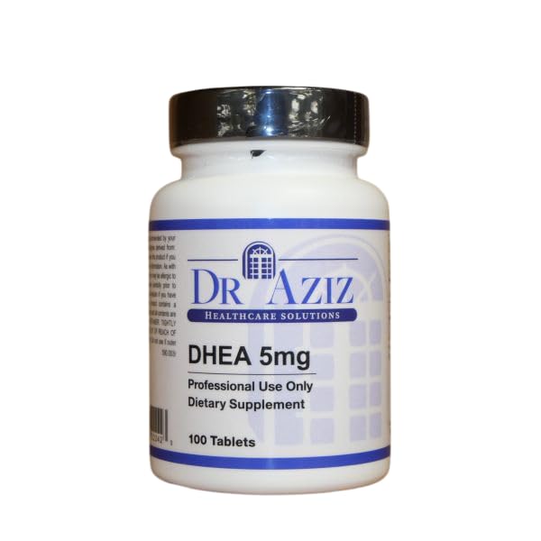 Front view of Dr Aziz DHEA 5mg supplement bottle