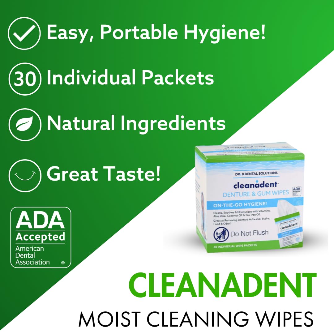 ADA-accepted Cleanadent Wipes with no artificial colors or flavors