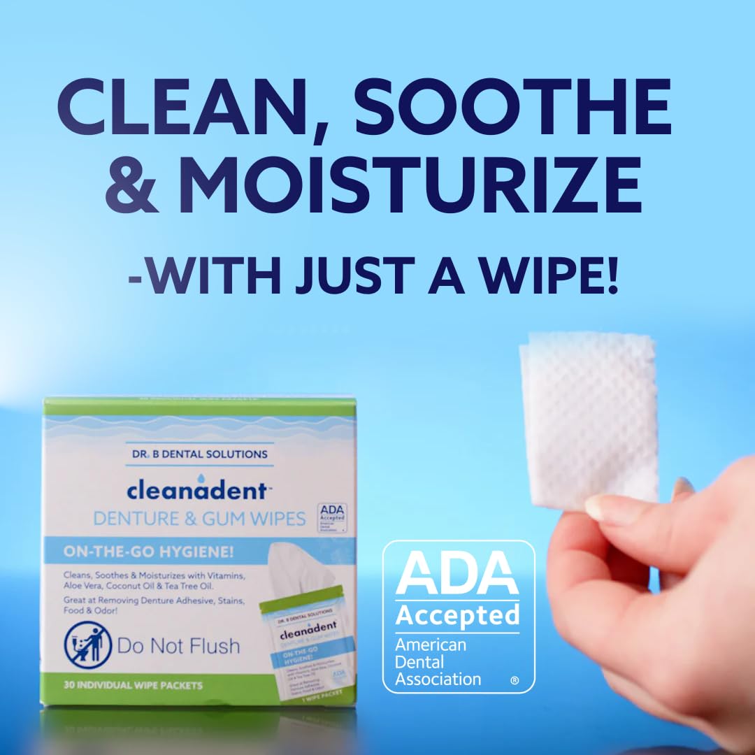 Travel-friendly Cleanadent Wipes packaging for on-the-go use