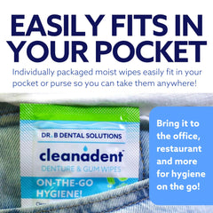 Wipes removing food debris and residue from dentures