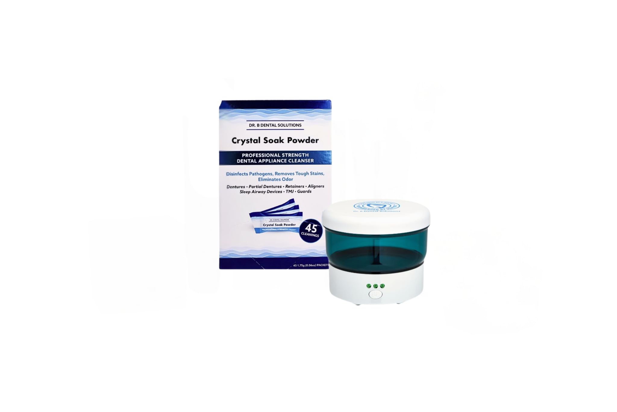 Dr. B Dental Solutions Denture Cleanser Bundle with Ultrasonic Cleaner and Powder Crystal Soak – 45 Packs