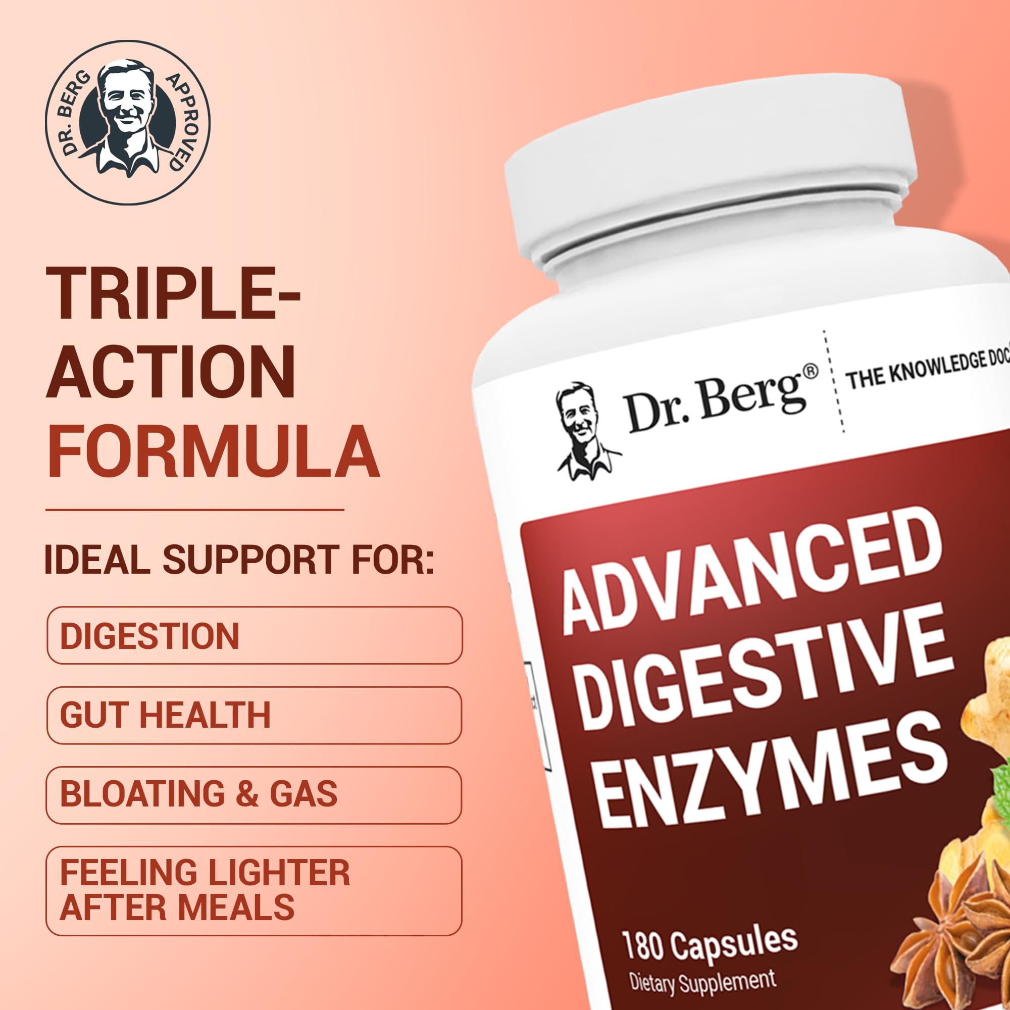 Close up of Dr. Berg Digestive Enzymes bottle and capsules