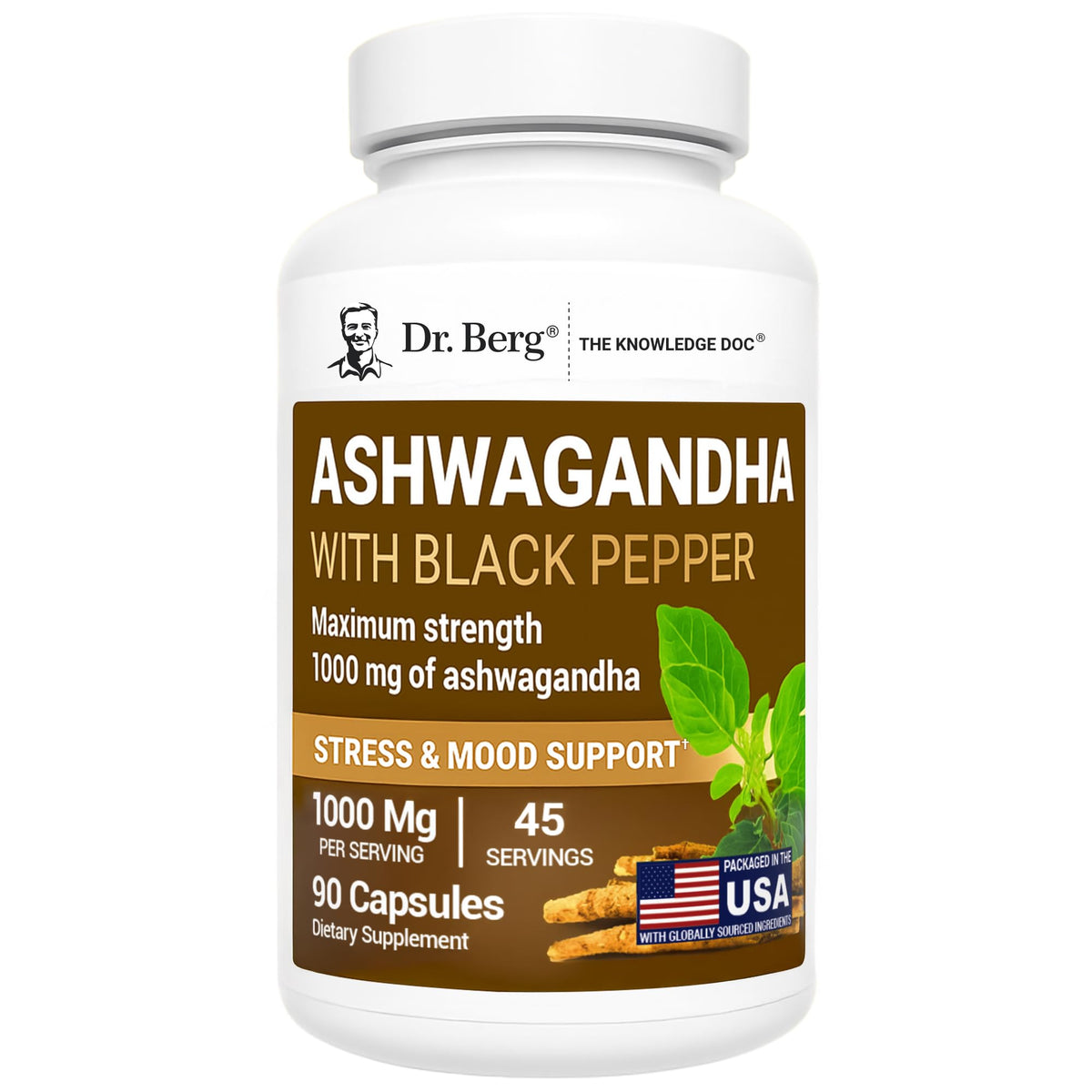 Front view of Dr. Berg Ashwagandha Capsules bottle (1000mg, 90 capsules)