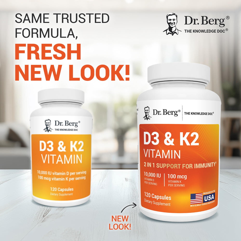 Dr. Berg D3 K2 10,000 IU label closeup indicating potent daily supplementation