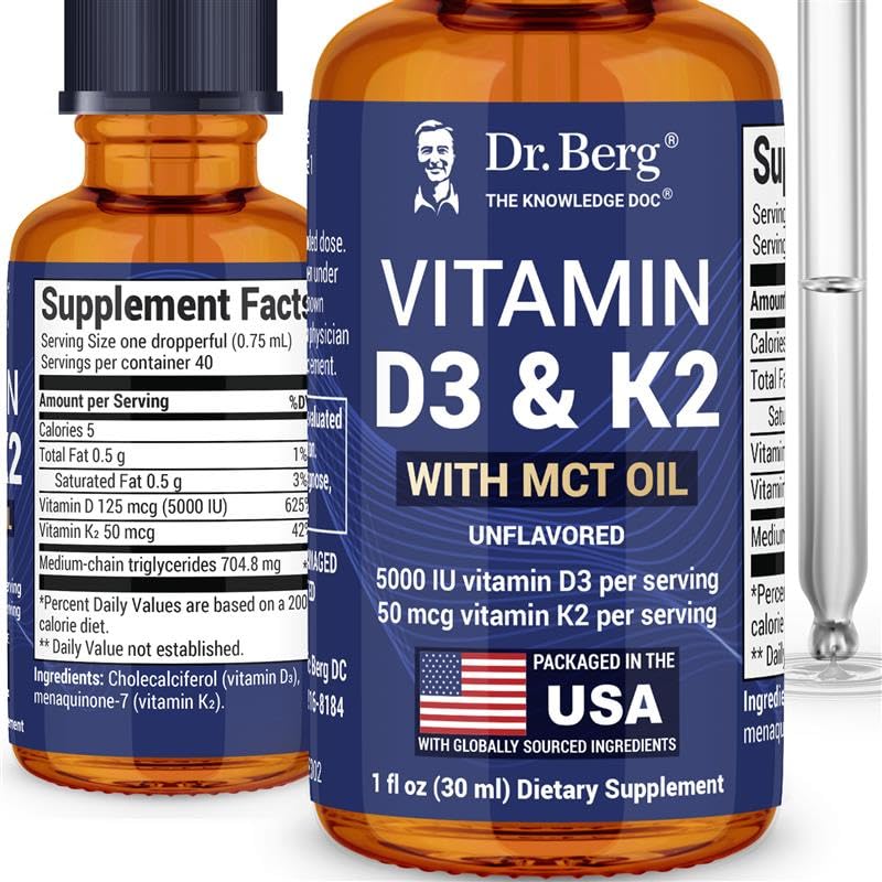 Front view of Dr. Berg D3 K2 liquid drops bottle
