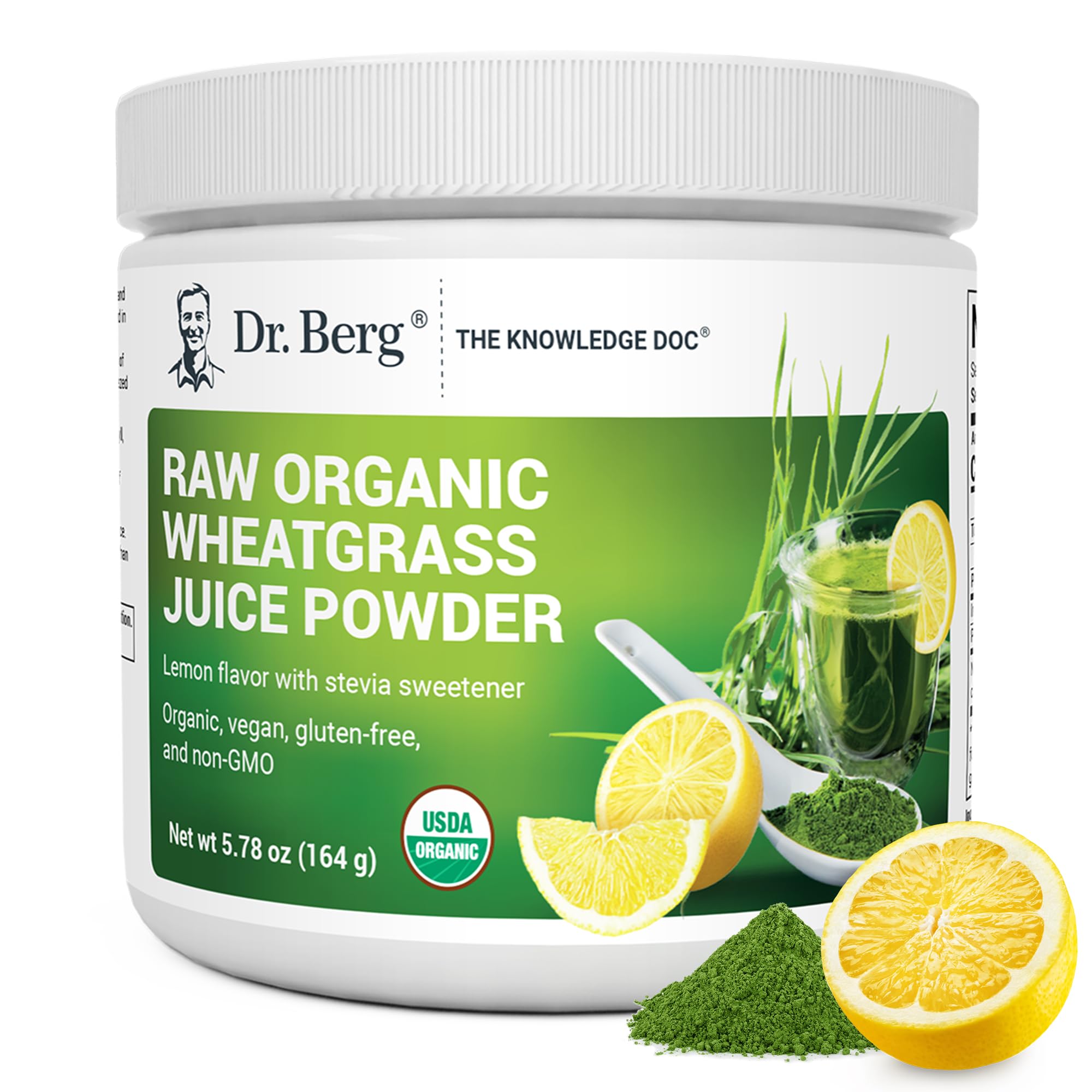 Dr. Berg Organic Green Powder Lemon packaging with scoop