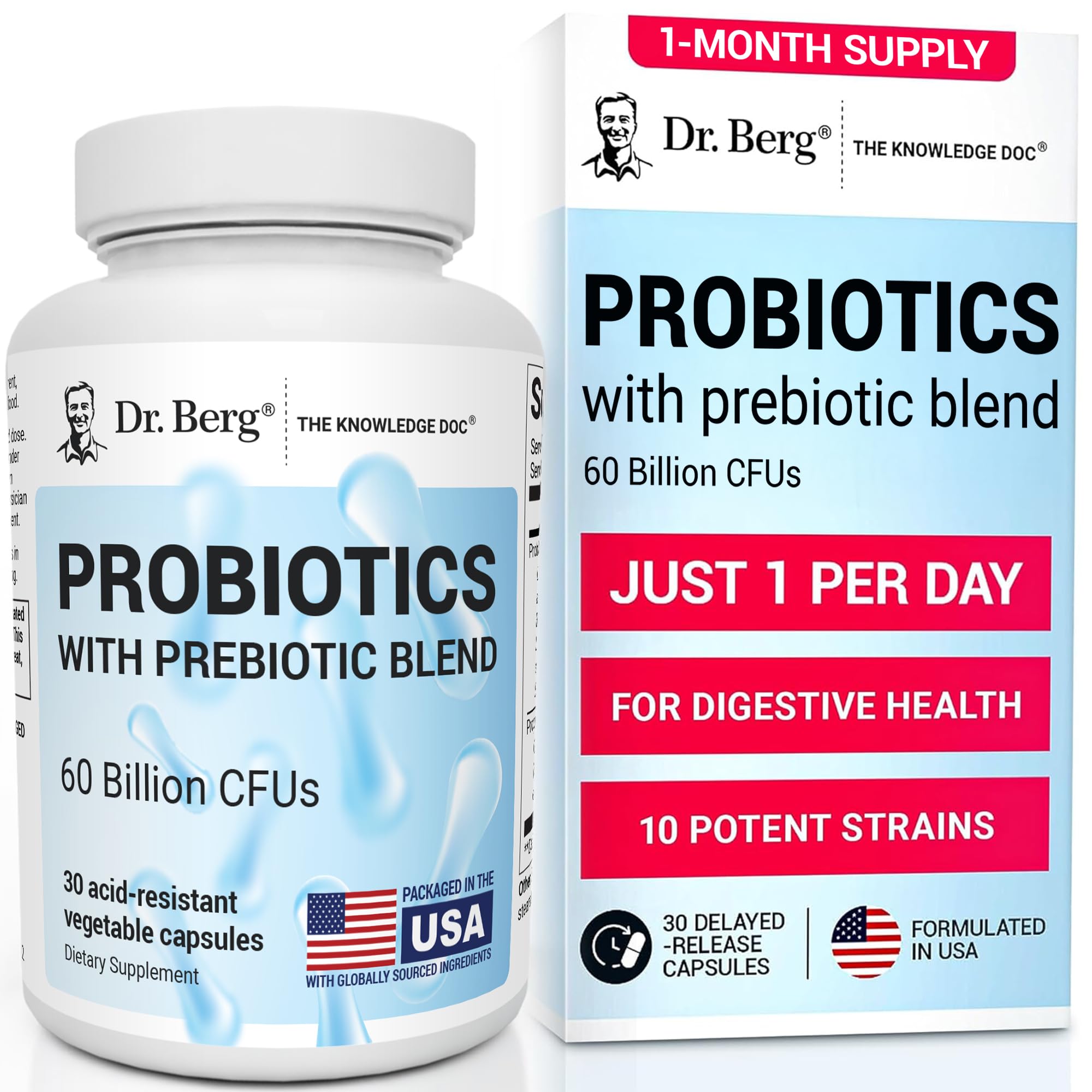 Dr. Berg Probiotic Supplement bottle highlighting 60 Billion CFUs and 30 capsules