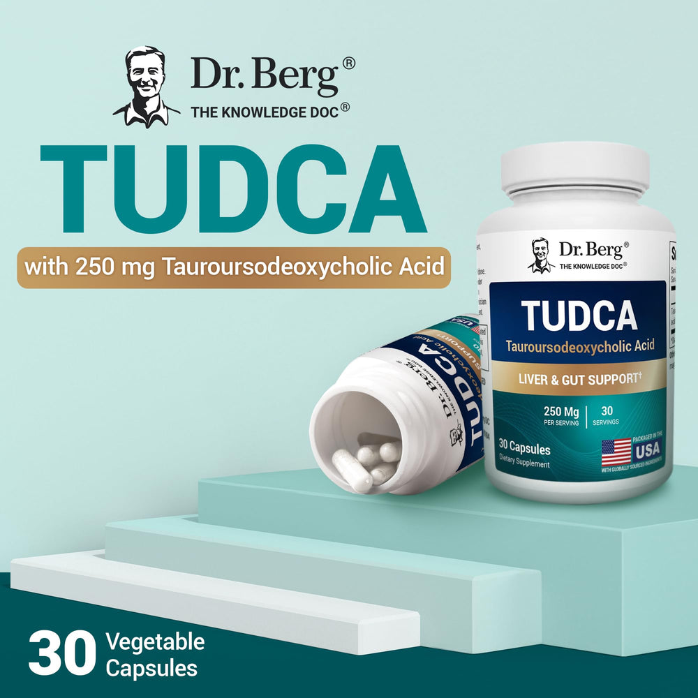 Pouring Dr. Berg TUDCA bottle suggests easy daily intake.