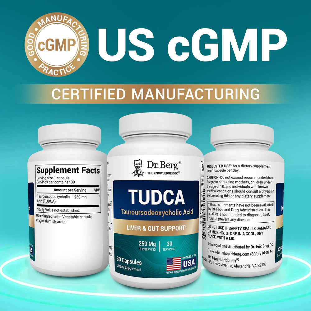 Side view of Dr. Berg TUDCA bottle highlighting compact packaging.