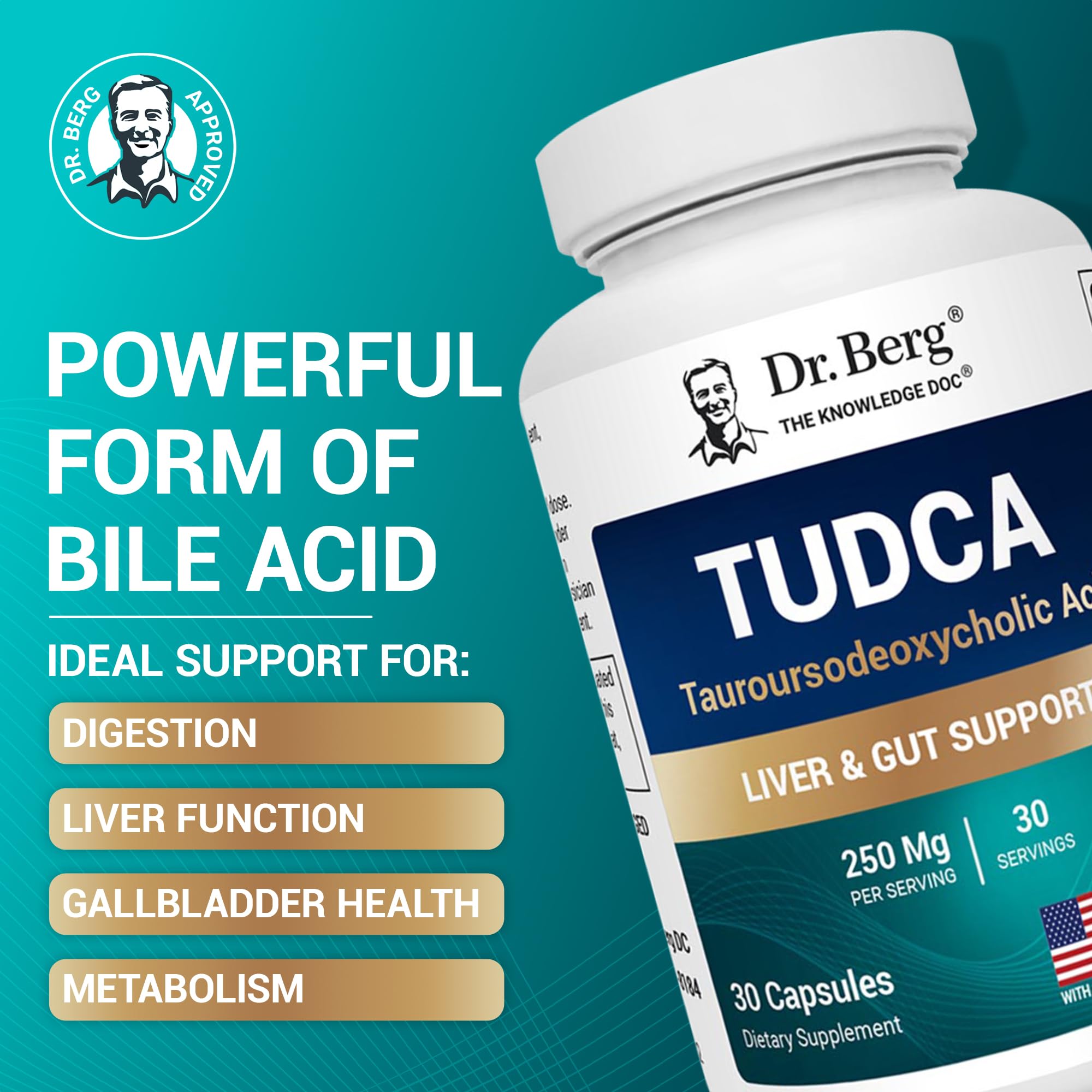 Closeup of Dr. Berg TUDCA capsules for daily liver support.