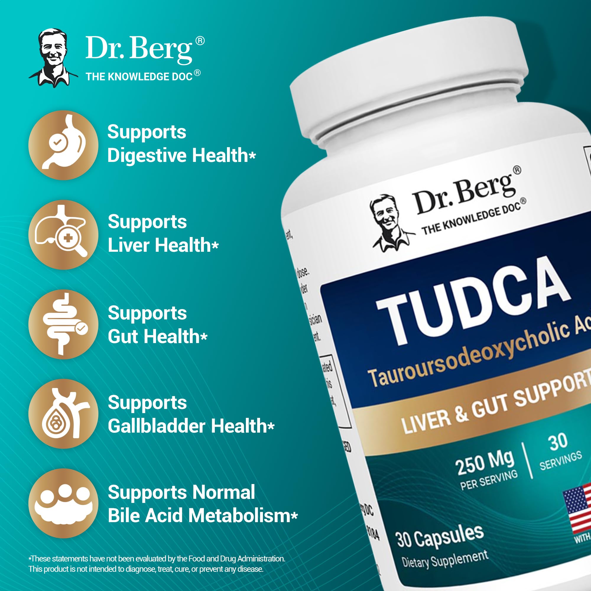 Close-up of Dr. Berg TUDCA label showing 250 mg per serving