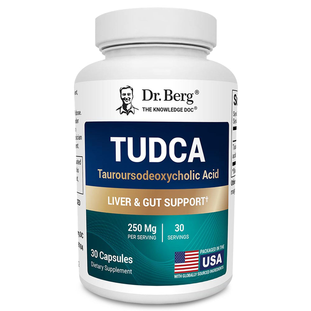 Dr. Berg TUDCA supplement bottle supports liver and gallbladder health.