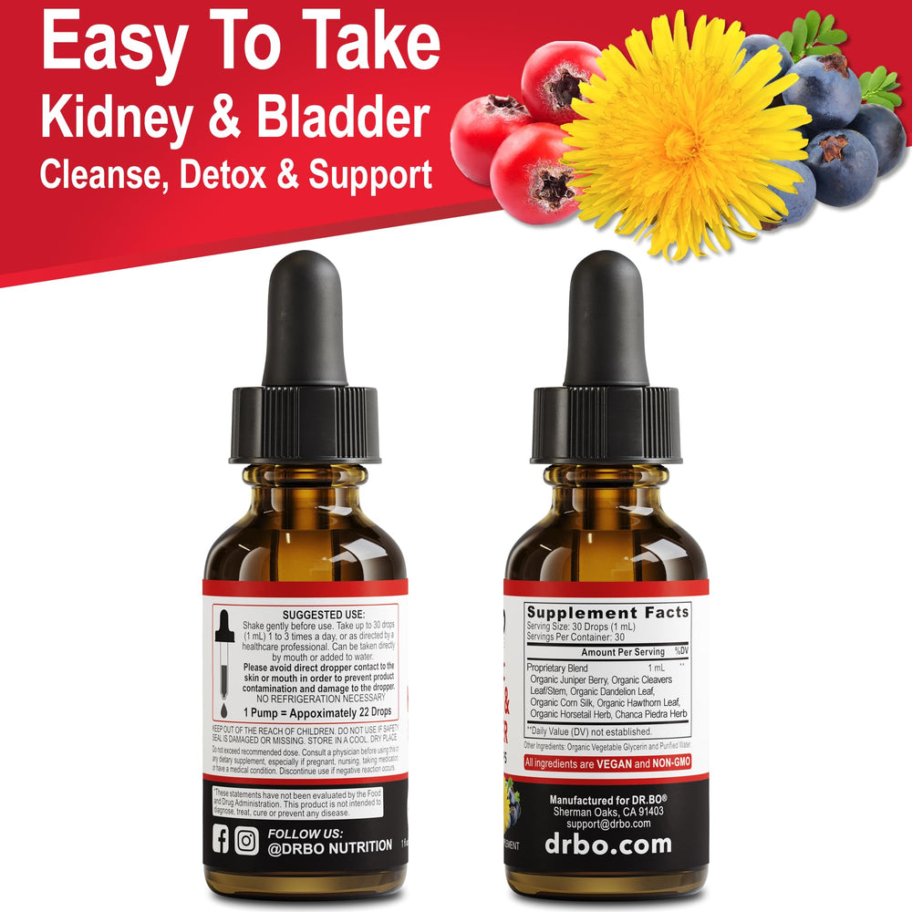 DR. BO 1oz bottle packaging emphasizes compact renal support.