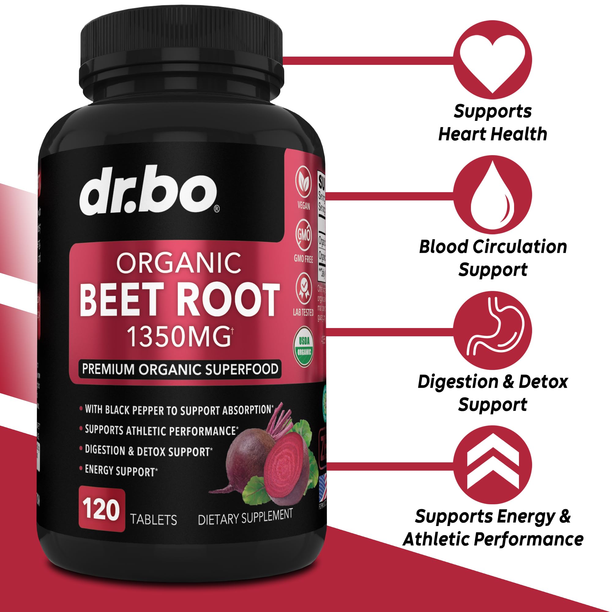 DR. BO beet root powder extract pill closeup emphasizing potent 1350mg per serving for workout days.