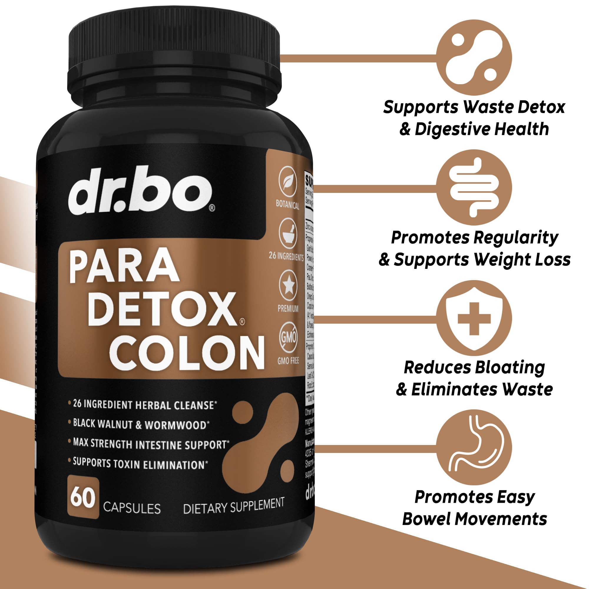 DR. BO colon cleanse pills closeup showing compact capsules for daily detox