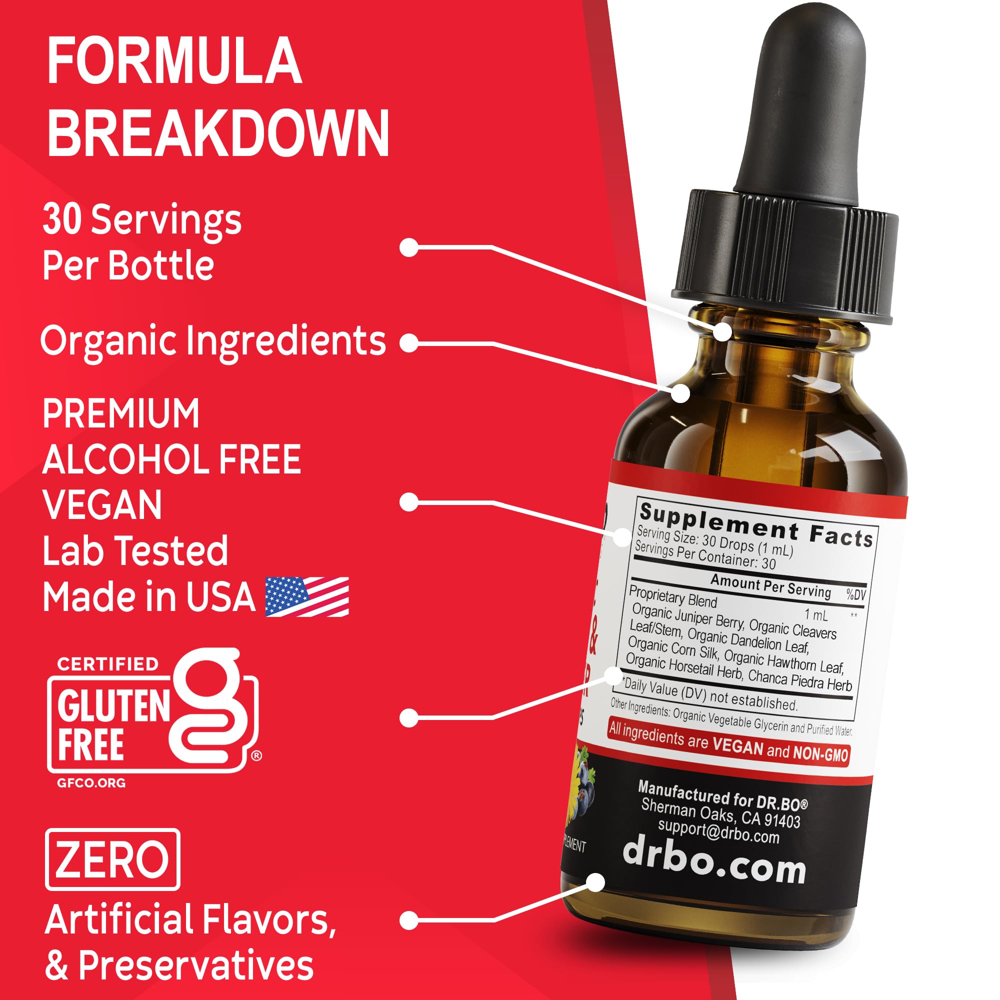 DR. BO Drops added to water demonstrate easy daily use.