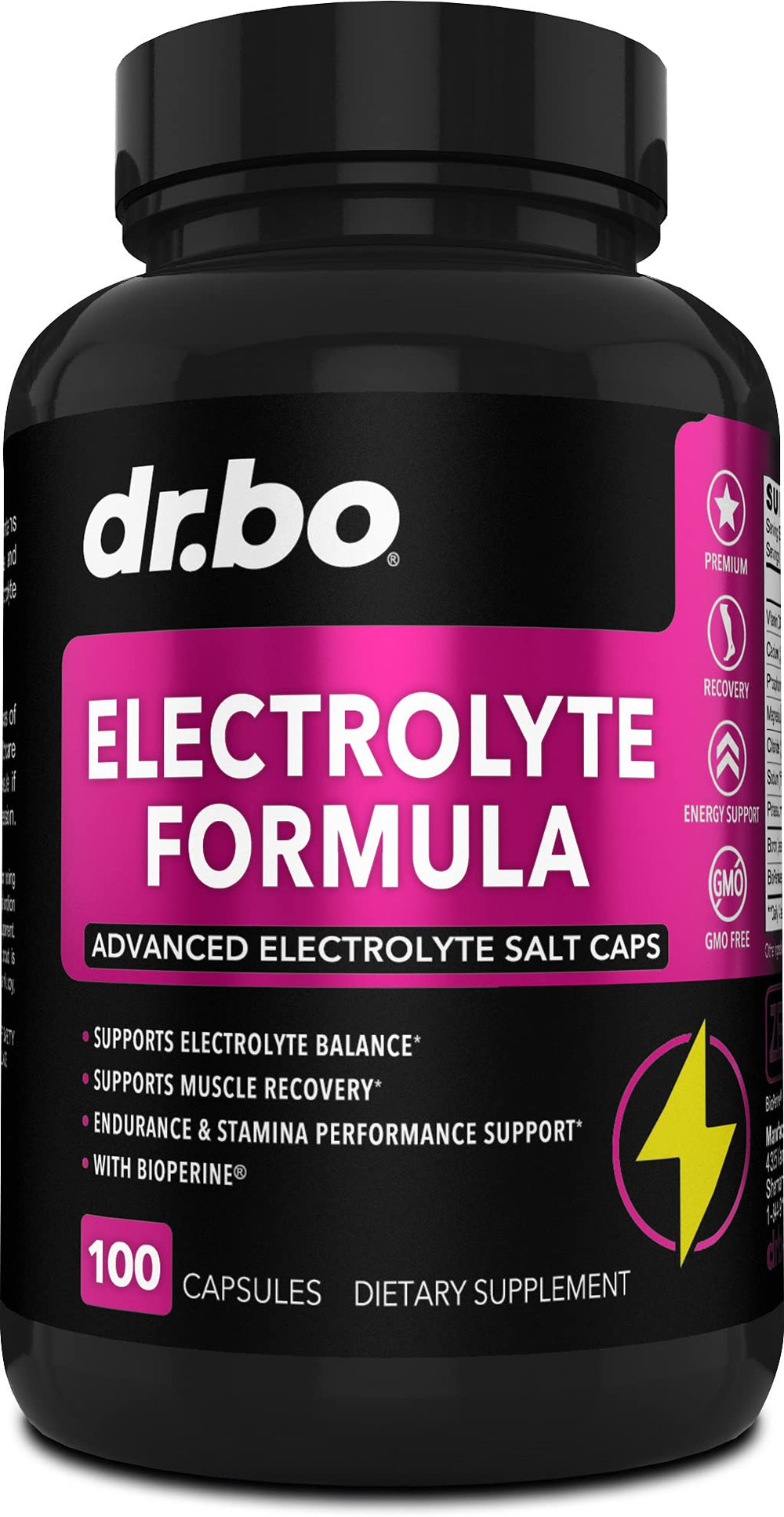 DR. BO electrolyte pills bottle shows convenient hydration support for active days.