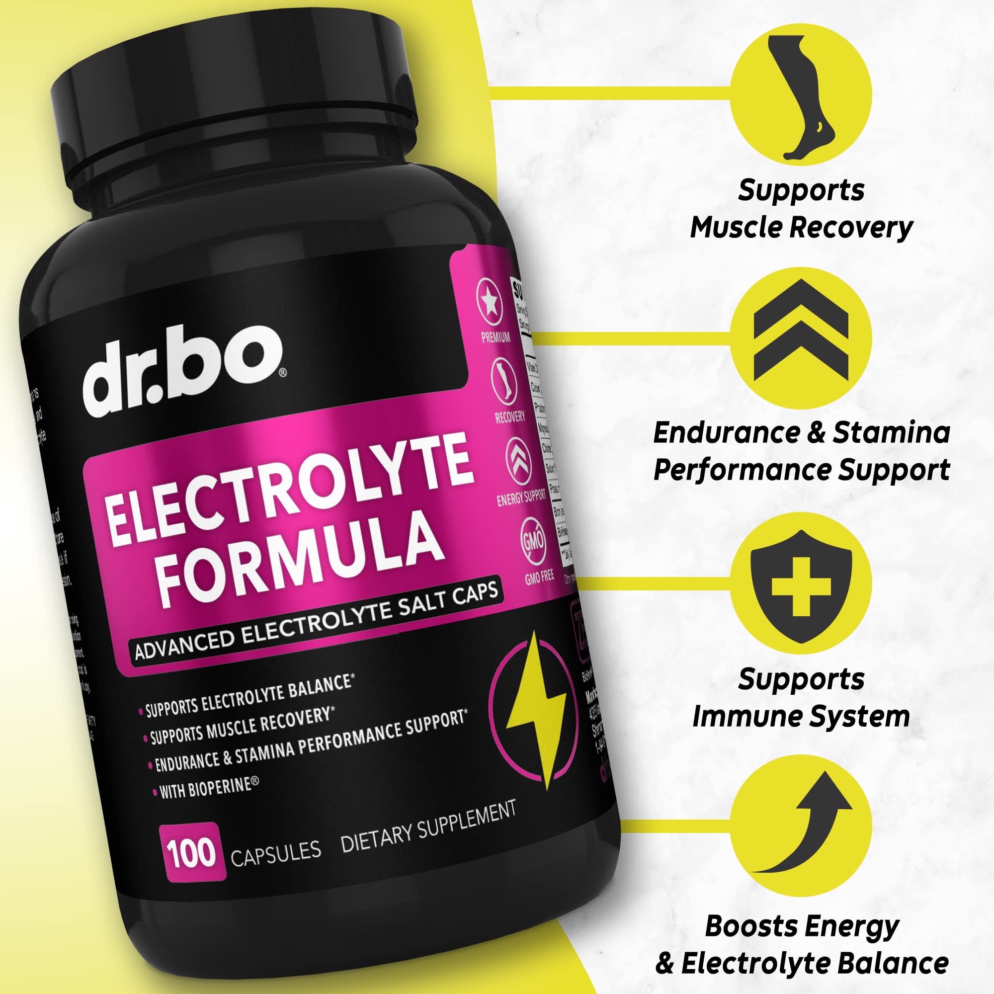 DR. BO electrolyte pills close-up shows tasteless capsules for keto-friendly use.