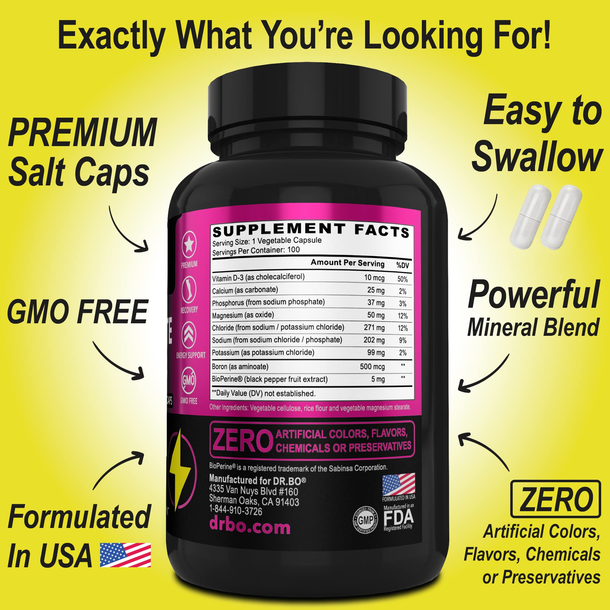 DR. BO electrolyte pills label detail shows ingredients and nutrition at a glance.