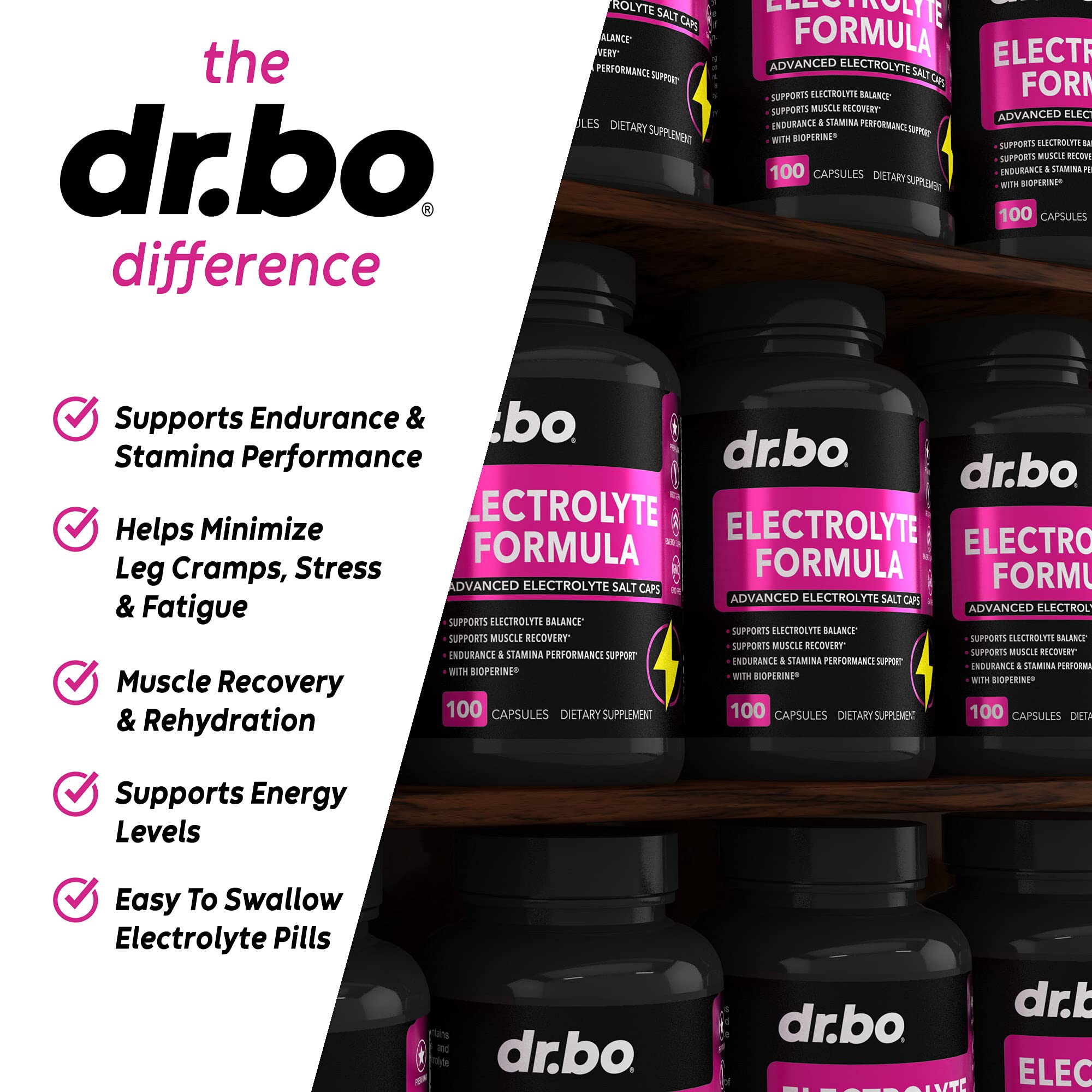 DR. BO electrolyte pills pouring shot demonstrates quick rehydration on the go.